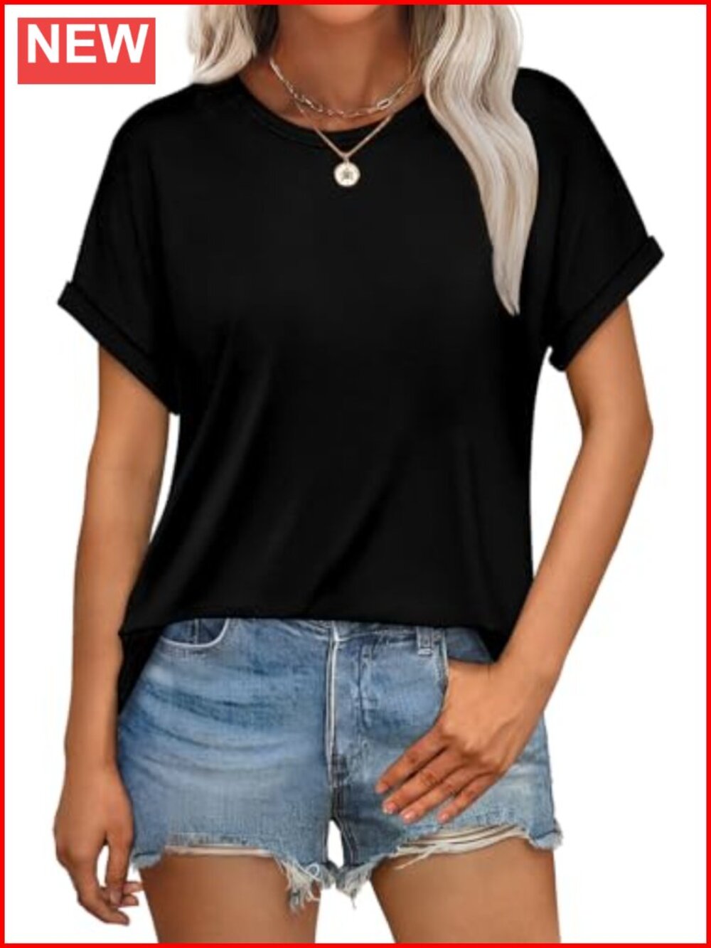 Womens Crew Neck Rolled Short Sleeve Basic Summer Tee Curved Hem Casual T-Shirt
